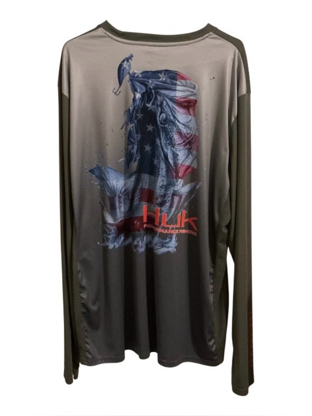 HUK Performance Fishing Long Sleeve Patriotic Bass USA Flag Shirt XXXL